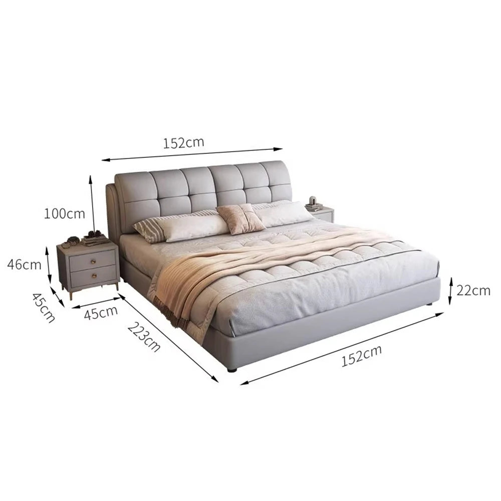 Minimalist queen-size bed frame in grey fabric with a tufted headboard, including a matching bedside table.