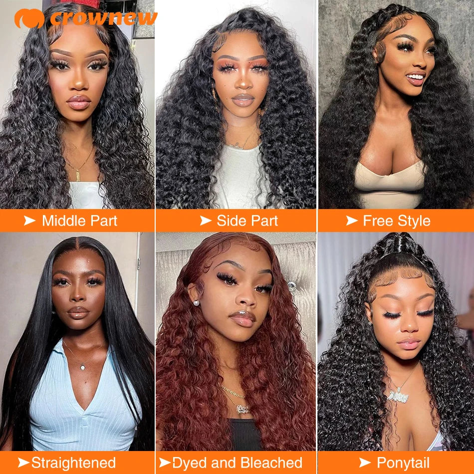 Long black and auburn deep wave human hair wigs styled in different parts, textures, and updos.