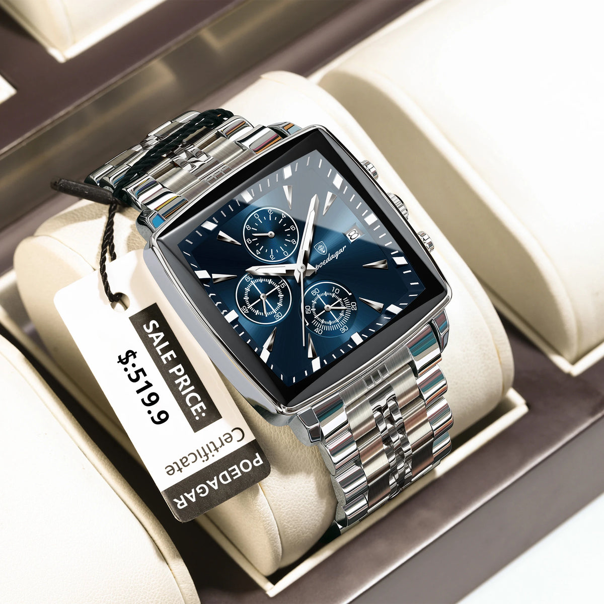 POEDAGAR square men's watch in silver stainless steel with a blue dial, chronograph subdials, and attached price tag.