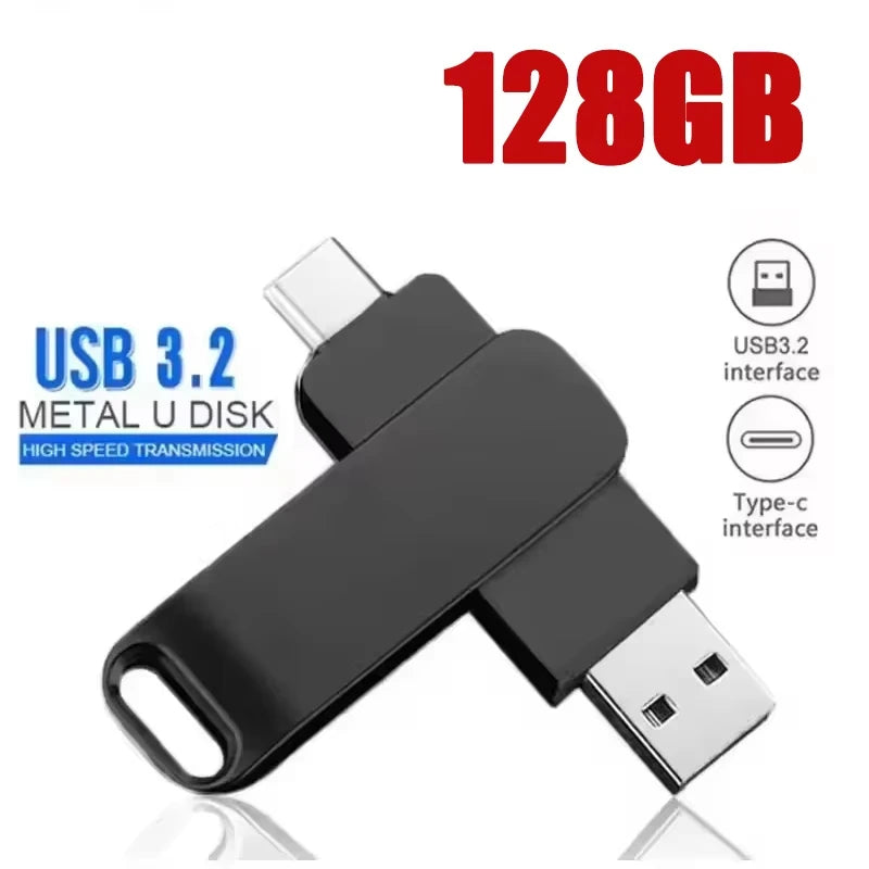 Black 512GB 2-in-1 USB 3.2 metal flash drive featuring both USB-A and USB-C connectors for high-speed data transfer.