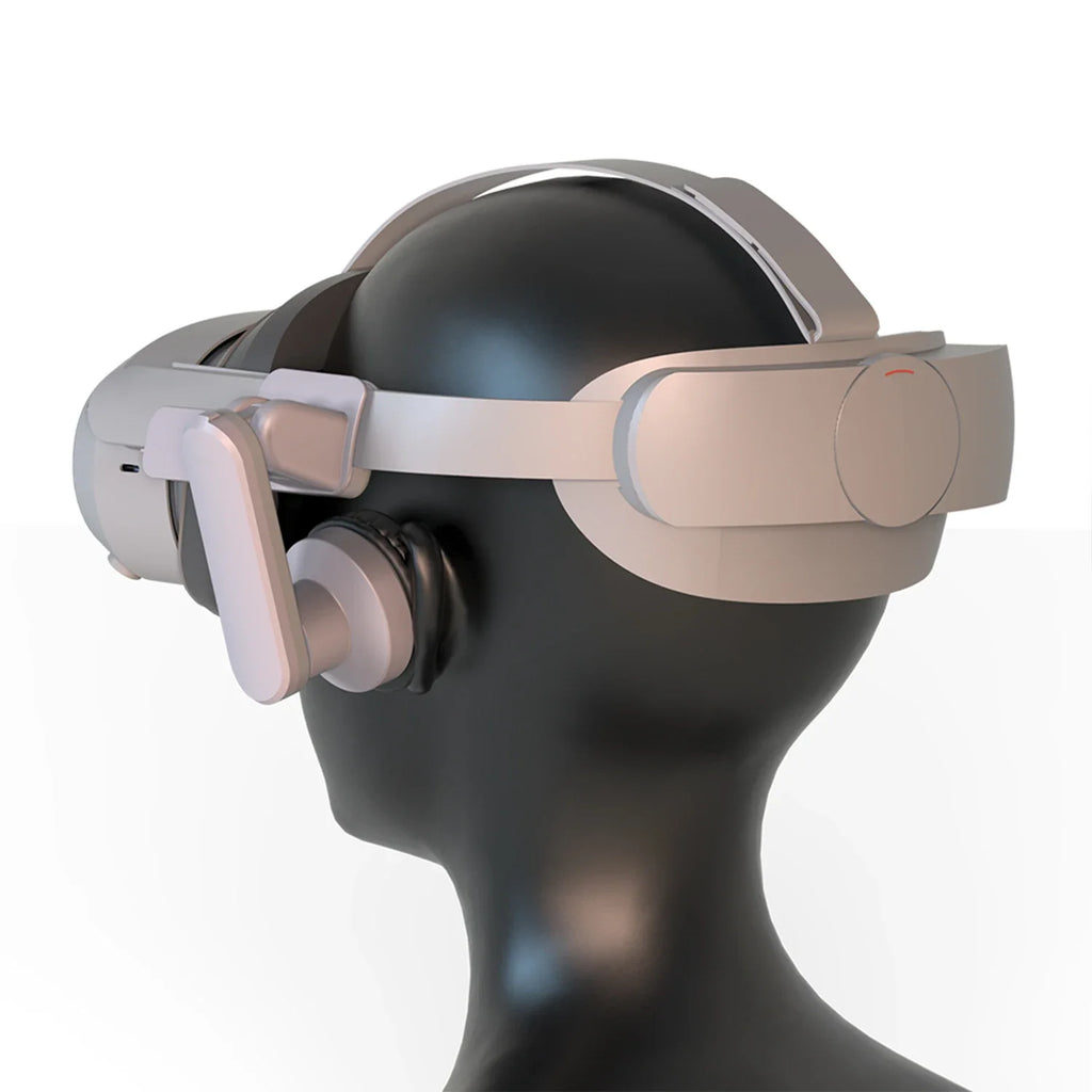 White VR headset ear muffs attached to a black mannequin head, designed for enhanced comfort and audio immersion.