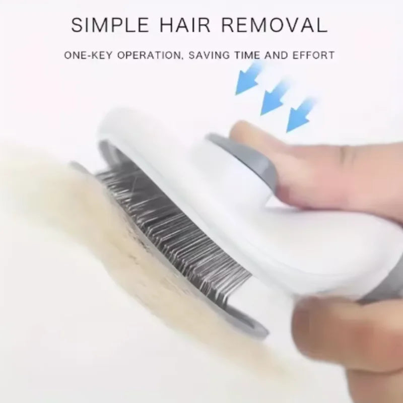 White and grey pet grooming brush with a button for easy hair removal.