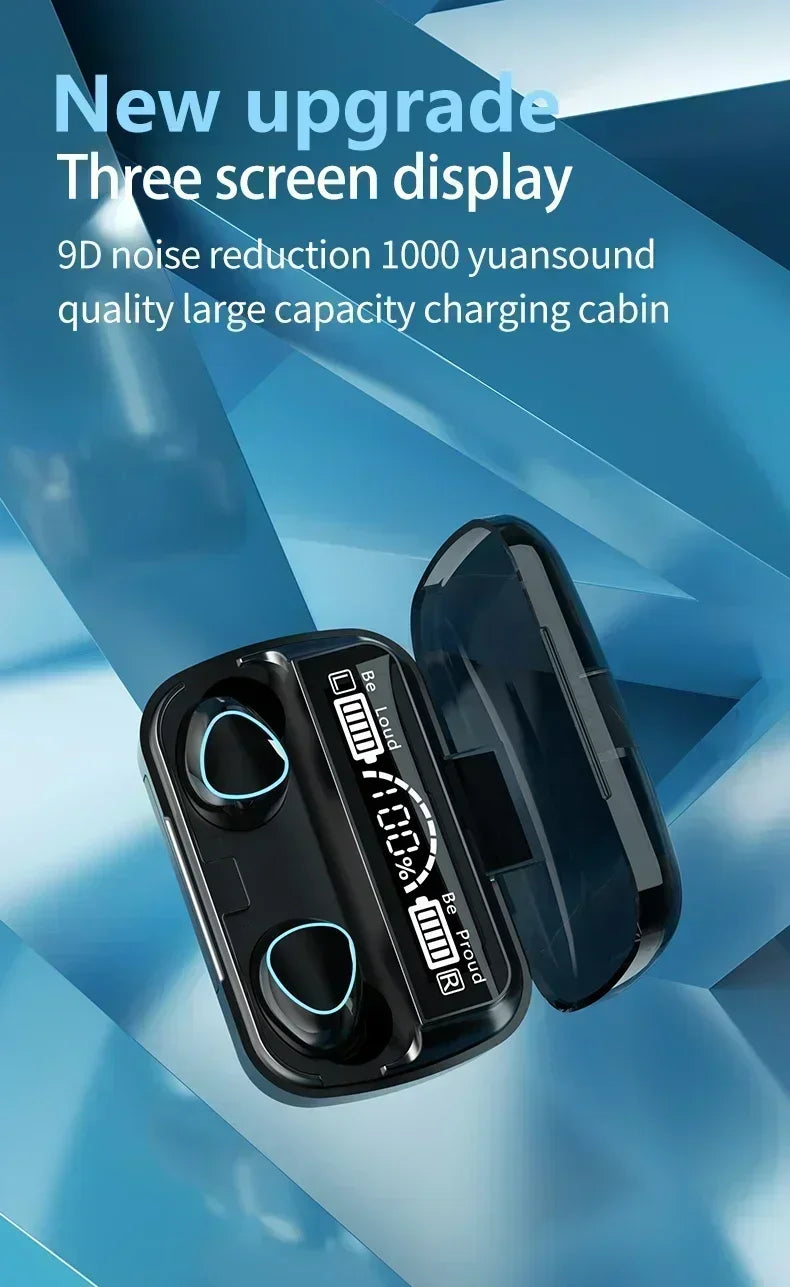 Black wireless earbuds in an open charging case featuring a digital display screen against a blue geometric background.