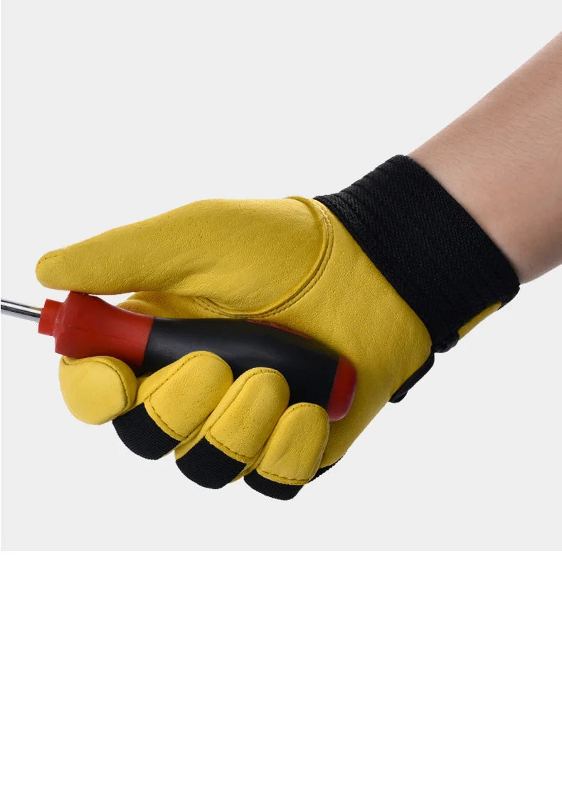 Yellow and black cowhide leather work gloves with a secure elasticated cuff, being worn while gripping a screwdriver.