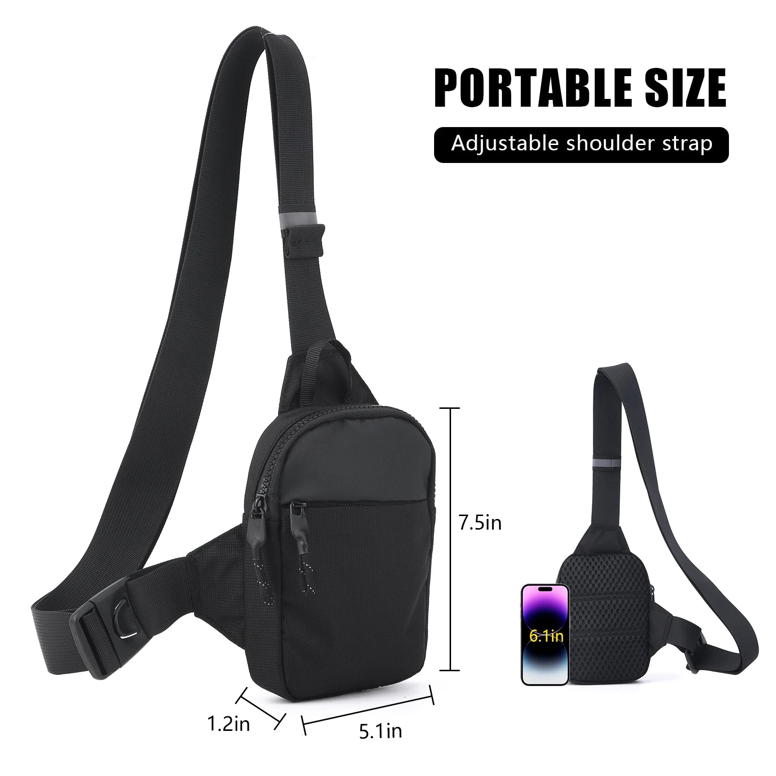 Black mini anti-theft crossbody bag with an adjustable strap, zip compartments, and mesh back for comfort.