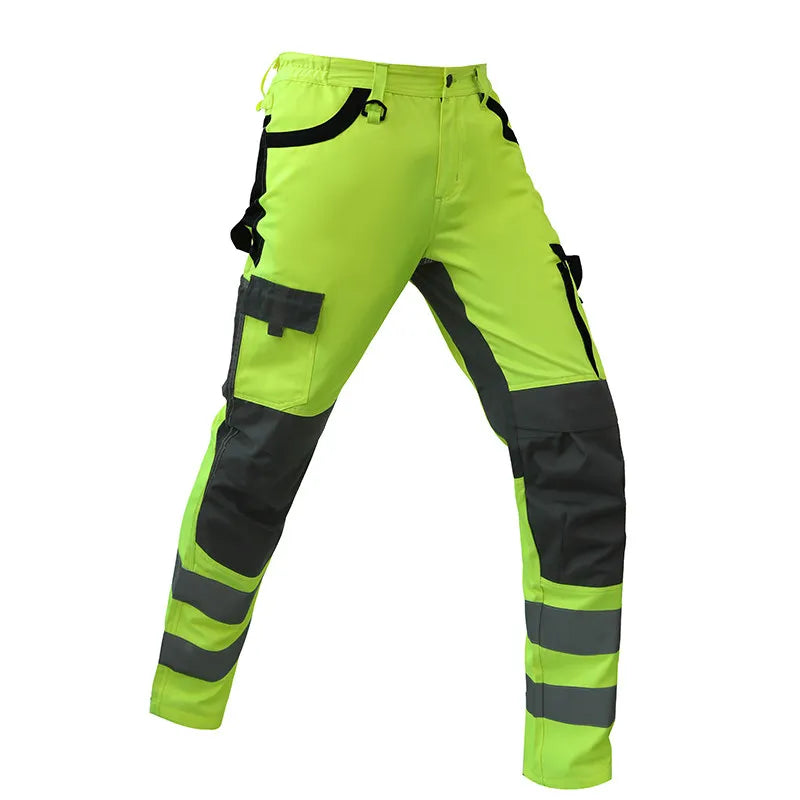 High-visibility yellow work trousers with dark grey contrast panels, cargo pockets, and reflective leg stripes.
