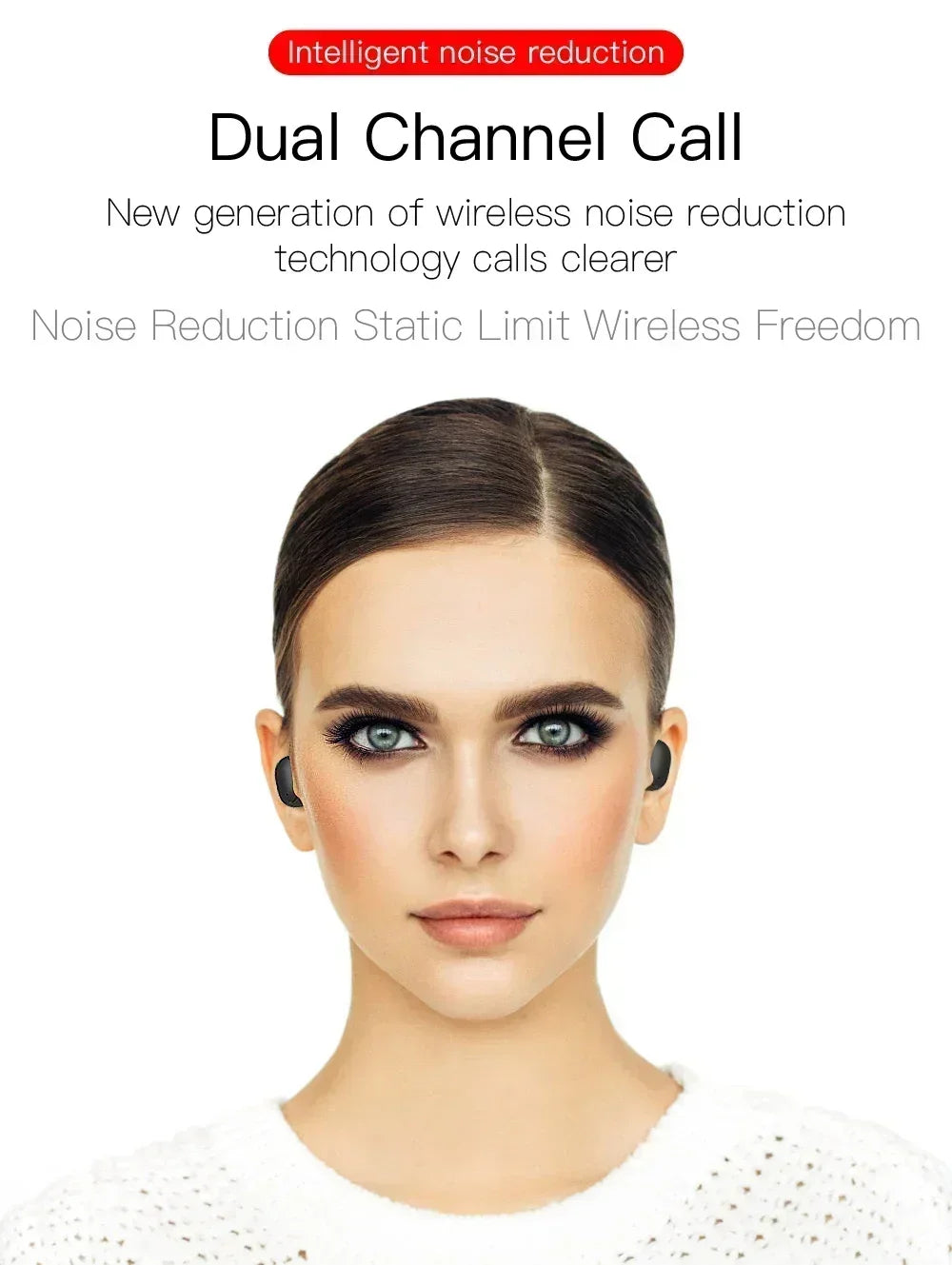 Woman wearing small, sleek black wireless earbuds in her ears, shown against a white background.