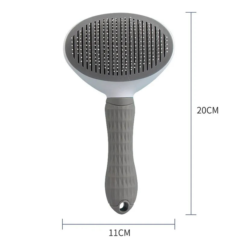 Grey and white pet grooming slicker brush with a textured handle, measuring 11cm by 20cm.