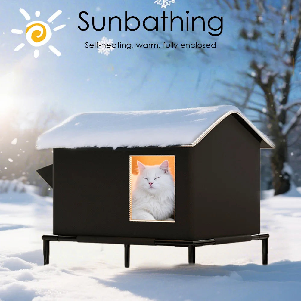 A black, insulated outdoor cat house on legs, shown in the snow with a white cat resting inside.
