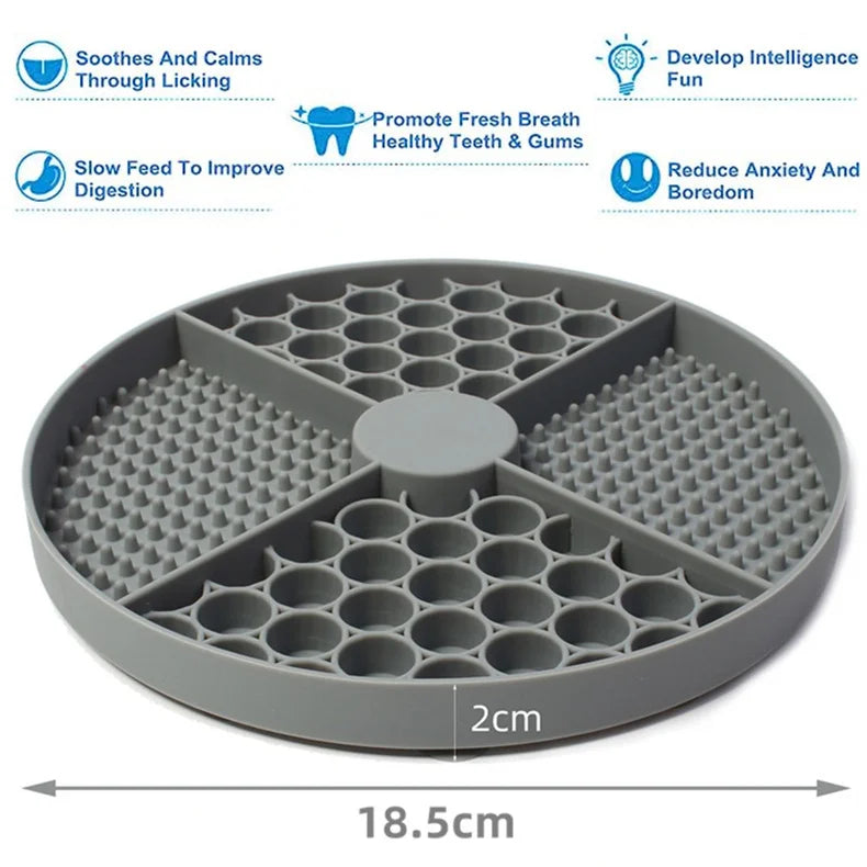 Grey circular silicone pet slow feeder mat with partitioned textured surfaces for licking and mental stimulation.