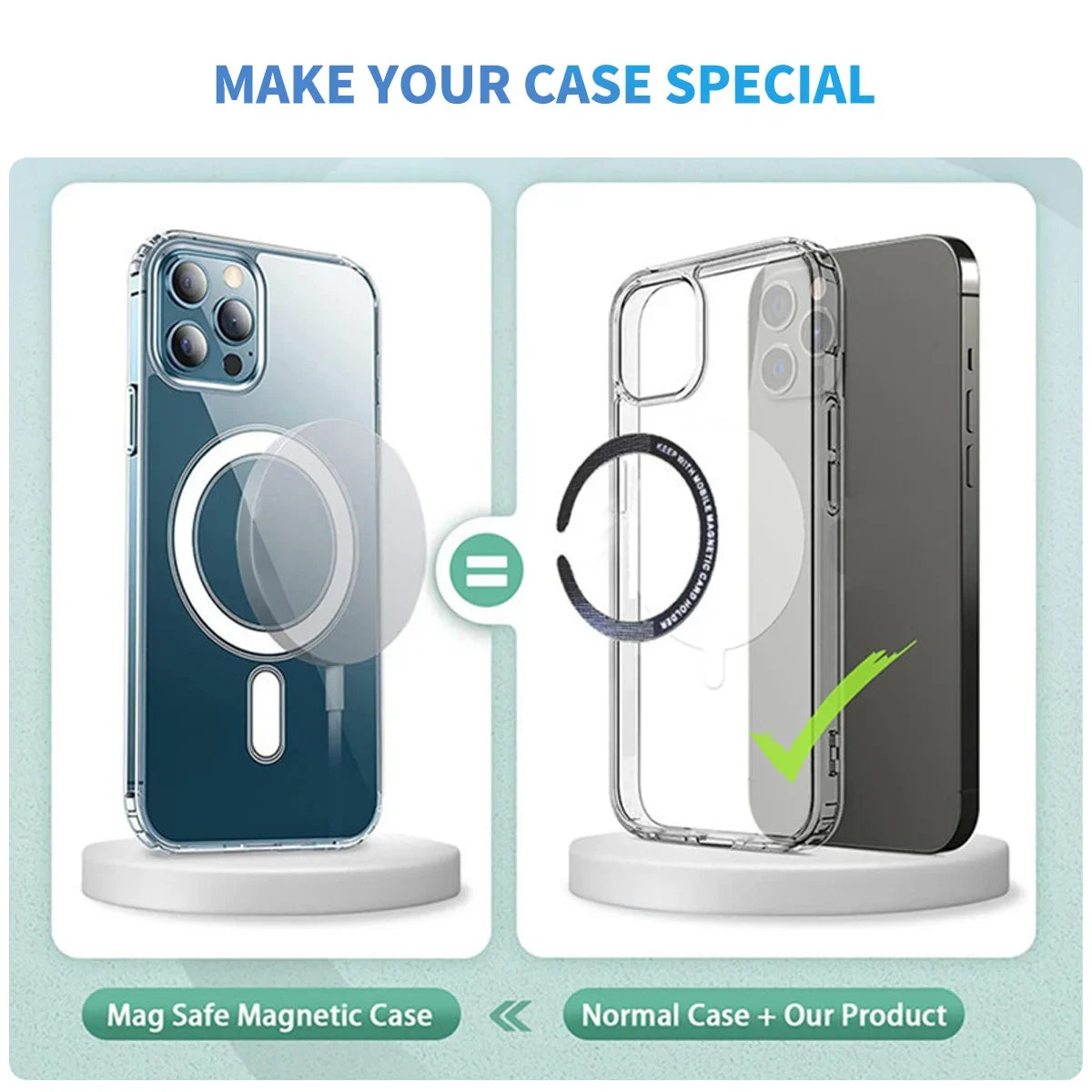 Clear phone case with magnetic ring, showing how to upgrade a standard case with a stick-on magnetic accessory.