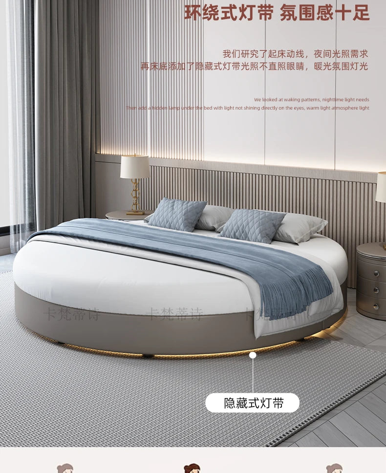 Modern circular bed frame in taupe, featuring integrated base LED lighting and a slatted headboard in a minimalist style.