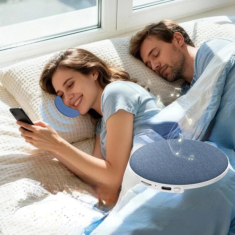 A couple resting in bed with a sleek, round, fabric-covered blue wireless speaker shown under a pillow.