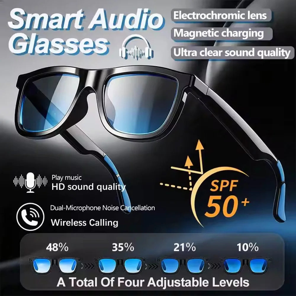 Stylish black smart audio sunglasses with adjustable electrochromic lenses, noise cancellation and wireless calling.