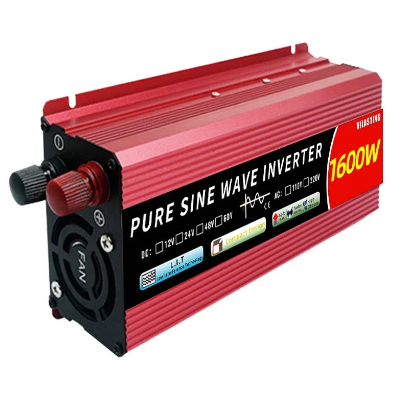 Red, compact 1600W pure sine wave power inverter with cooling fan and terminals on a black end panel.