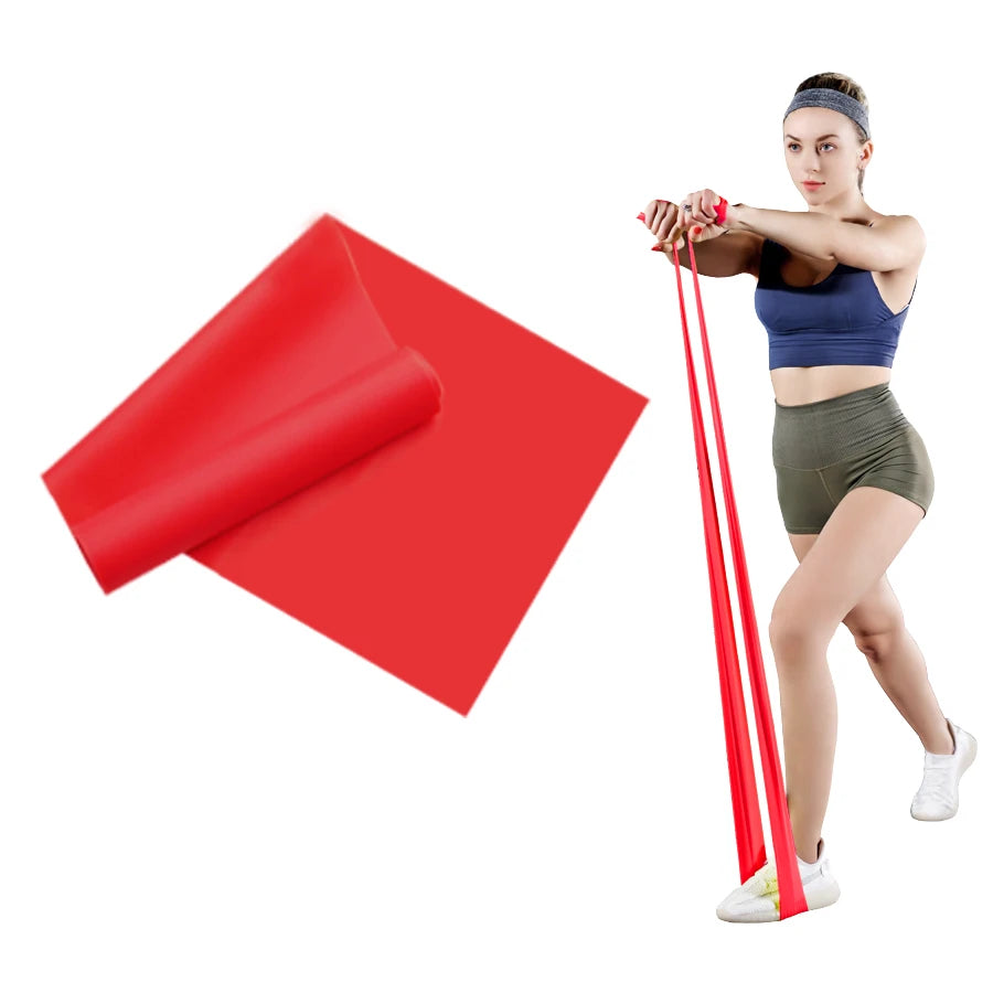 A bright red, flat, rectangular exercise resistance band, shown both rolled up and in use by a person exercising.