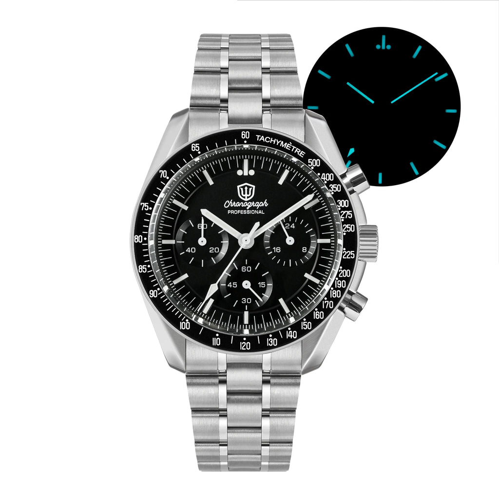 Watchdives WD1860 silver stainless steel chronograph watch with black dial, tachymeter bezel, and blue night light.