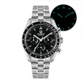 Watchdives WD1860 silver stainless steel chronograph watch with black dial, tachymeter bezel, and blue night light.