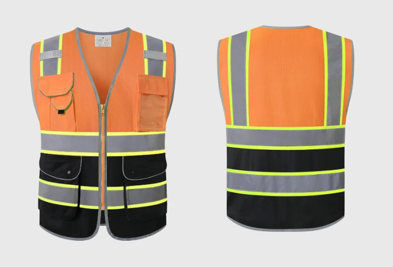 Front and back view of a high-vis orange and black utility work vest with reflective strips and multiple front pockets.