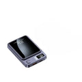 Grey magnetic wireless power bank with a black glossy surface, 22.5W fast charging, and a digital percentage display.