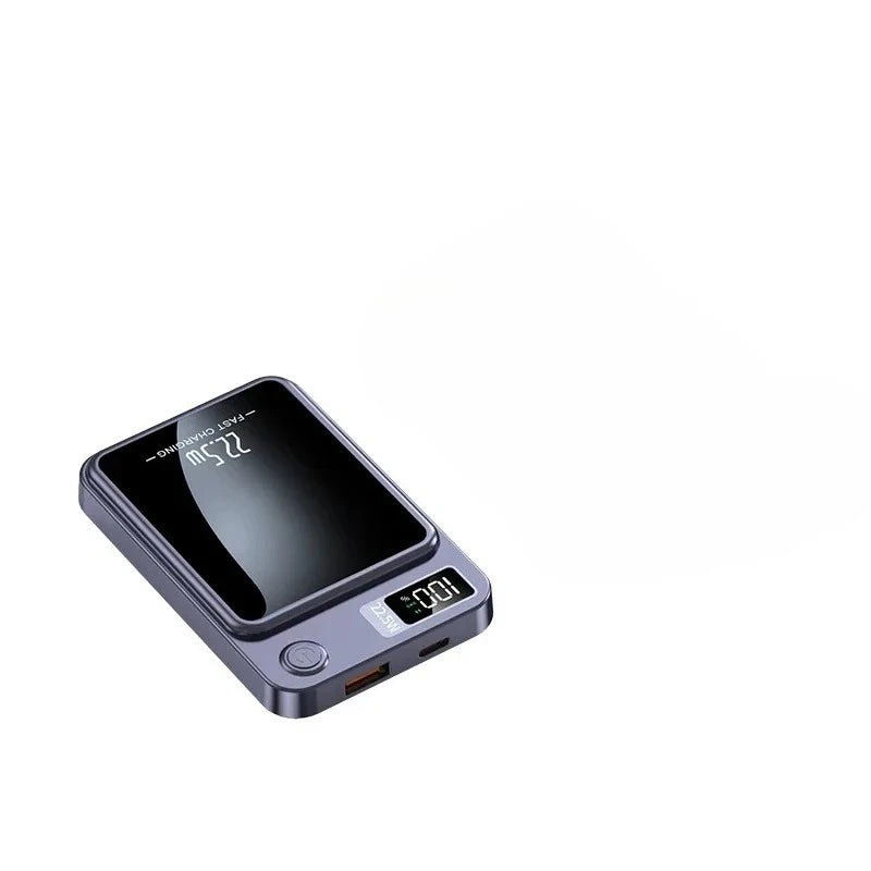 Grey magnetic wireless power bank with a black glossy surface, 22.5W fast charging, and a digital percentage display.