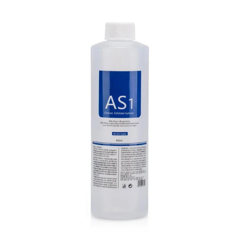 400ml clear plastic bottle of AS1 facial solution for cleansing, exfoliating, and hydrating all skin types.