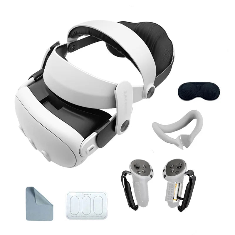 White adjustable halo head strap for VR headset with black padding, controller grips, and accessories on white background.