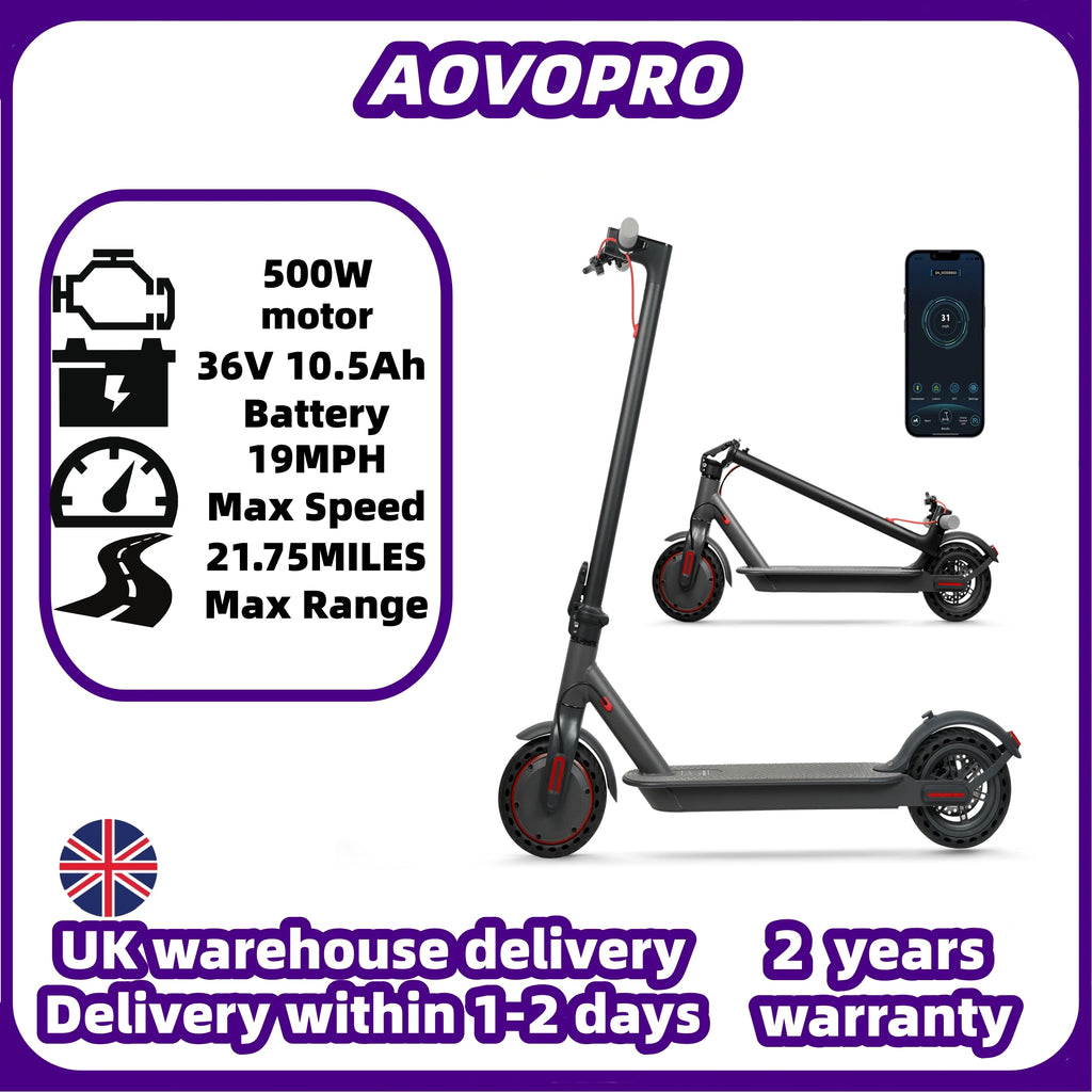 AOVOPRO foldable dark grey electric scooter with red wheel accents, shown upright and folded.