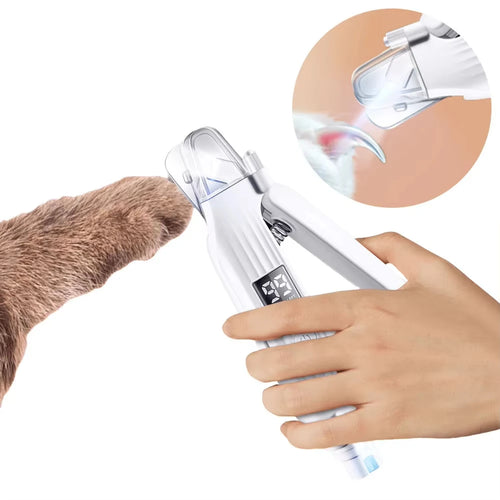 White 2-in-1 electric pet nail clipper and grinder with a digital battery display, LED light, and protective guard.
