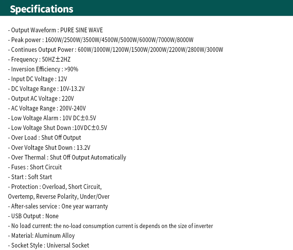 Technical specification list for a pure sine wave power inverter with aluminium alloy casing and universal socket.