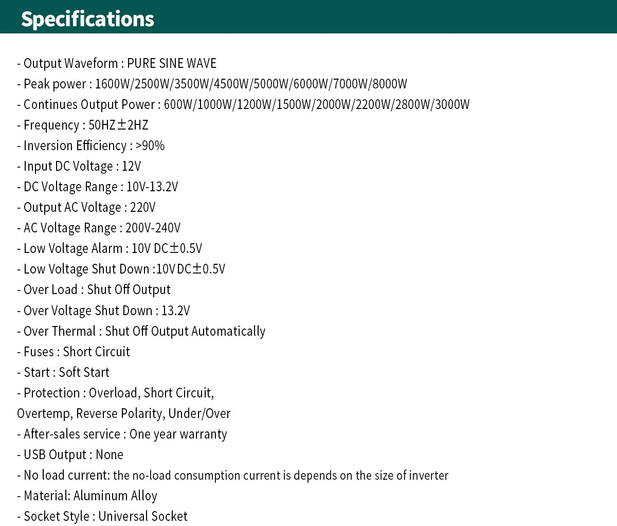 Technical specification list for a pure sine wave power inverter with aluminium alloy casing and universal socket.