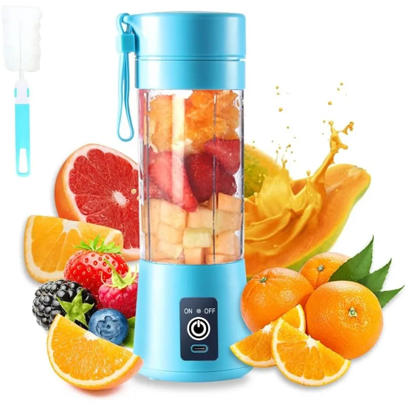 Portable blue electric blender filled with fruit, featuring a USB charging port and a matching cleaning brush.