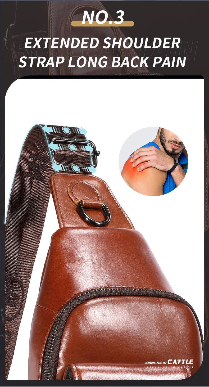 Brown leather crossbody sling bag with an adjustable, comfortable shoulder strap for ergonomic support.