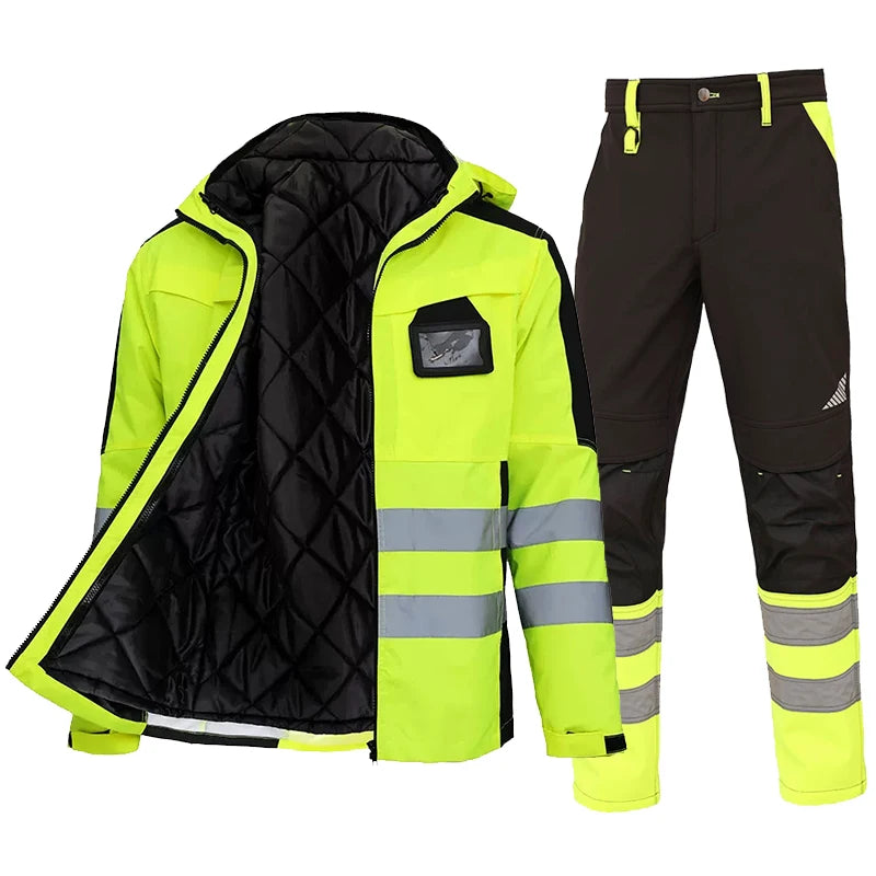 Hi-vis yellow and black waterproof jacket with quilted lining, matching trousers, and reflective safety strips.