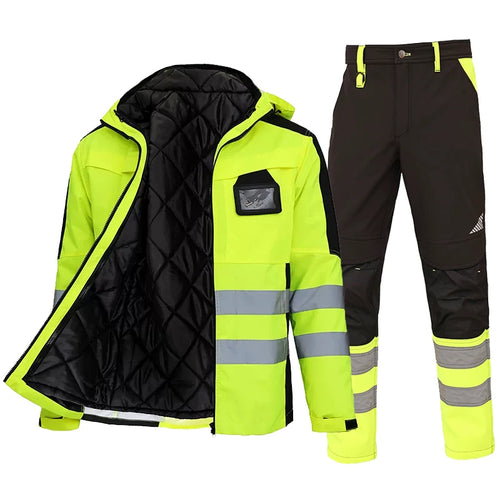 Hi-vis yellow and black waterproof jacket with quilted lining, matching trousers, and reflective safety strips.