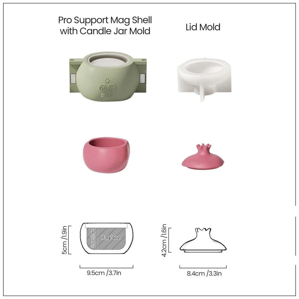 Green silicone candle jar mold, white lid mold, pink pomegranate jar, and matching stem lid with dimensions.