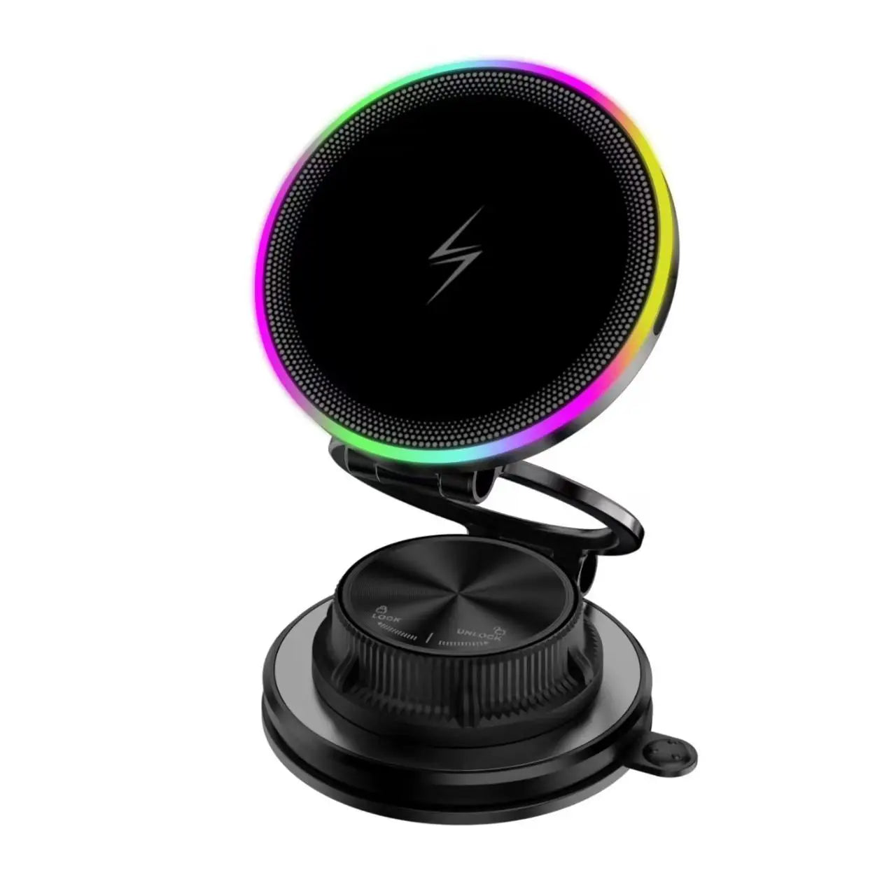 Black wireless charger with a round, RGB LED-lit charging pad on an adjustable, mechanical-style stand.