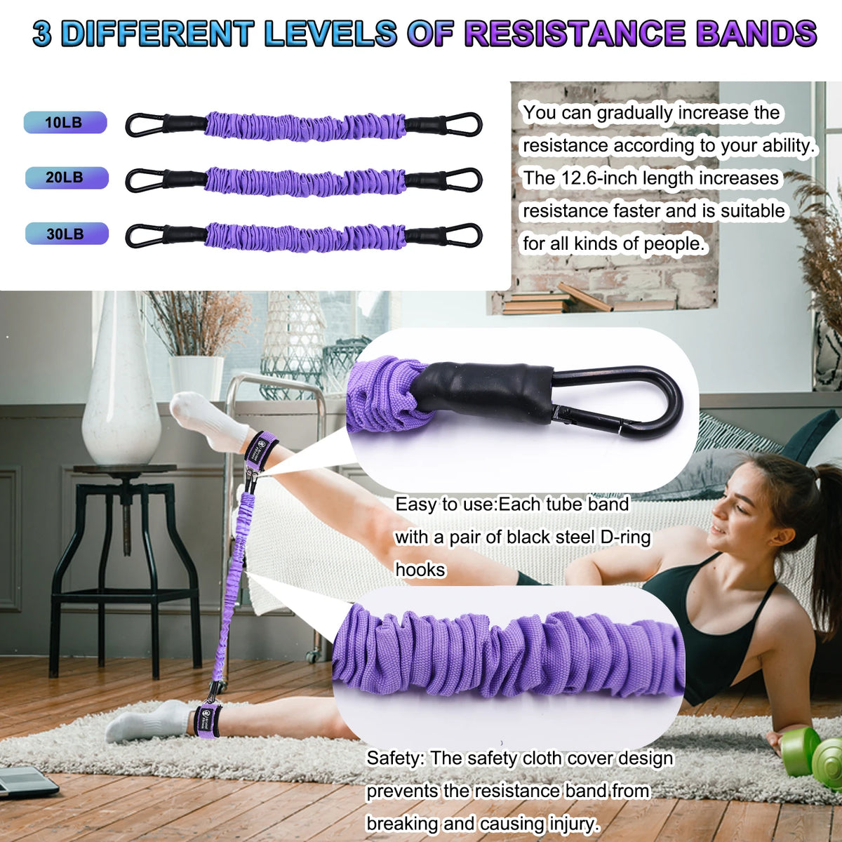 Three purple ankle resistance bands with protective fabric covers, black steel D-ring hooks, and ankle cuffs.