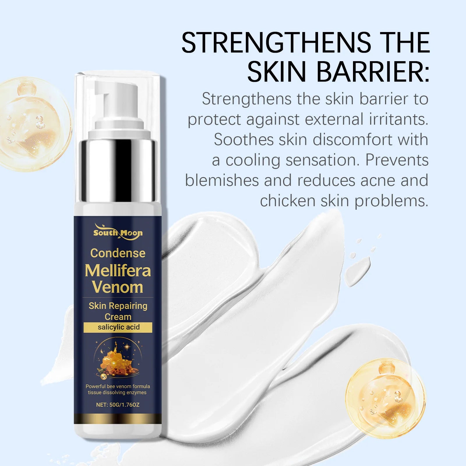 50g pump bottle of skin repairing cream with bee venom and salicylic acid to strengthen the skin barrier.