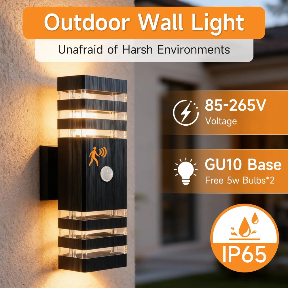 Modern black rectangular outdoor wall light with motion sensor and warm LED up-and-down lighting. Weatherproof design.