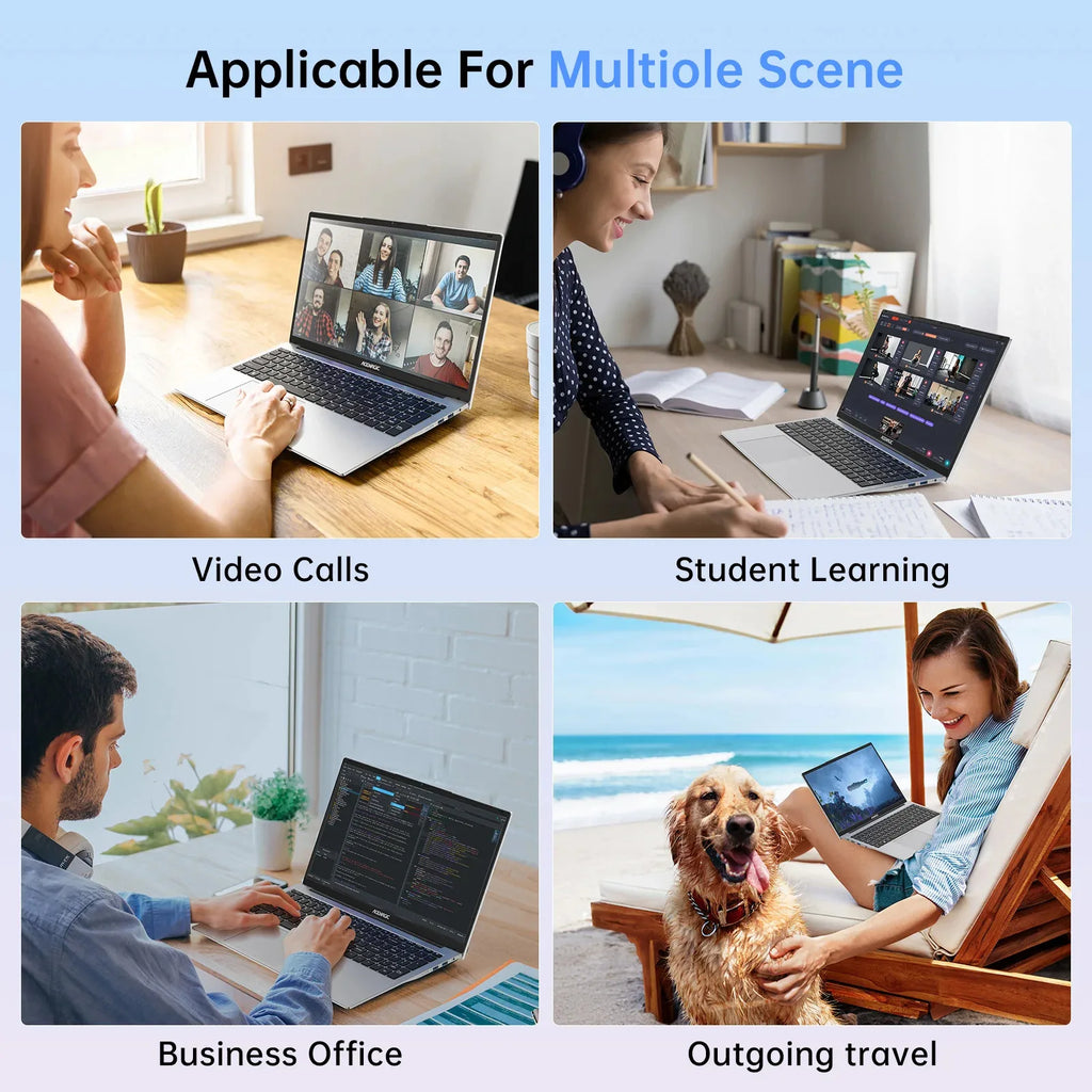 Silver 15.6-inch laptop shown in diverse settings, including home office, study, and travel. Sleek, modern design.