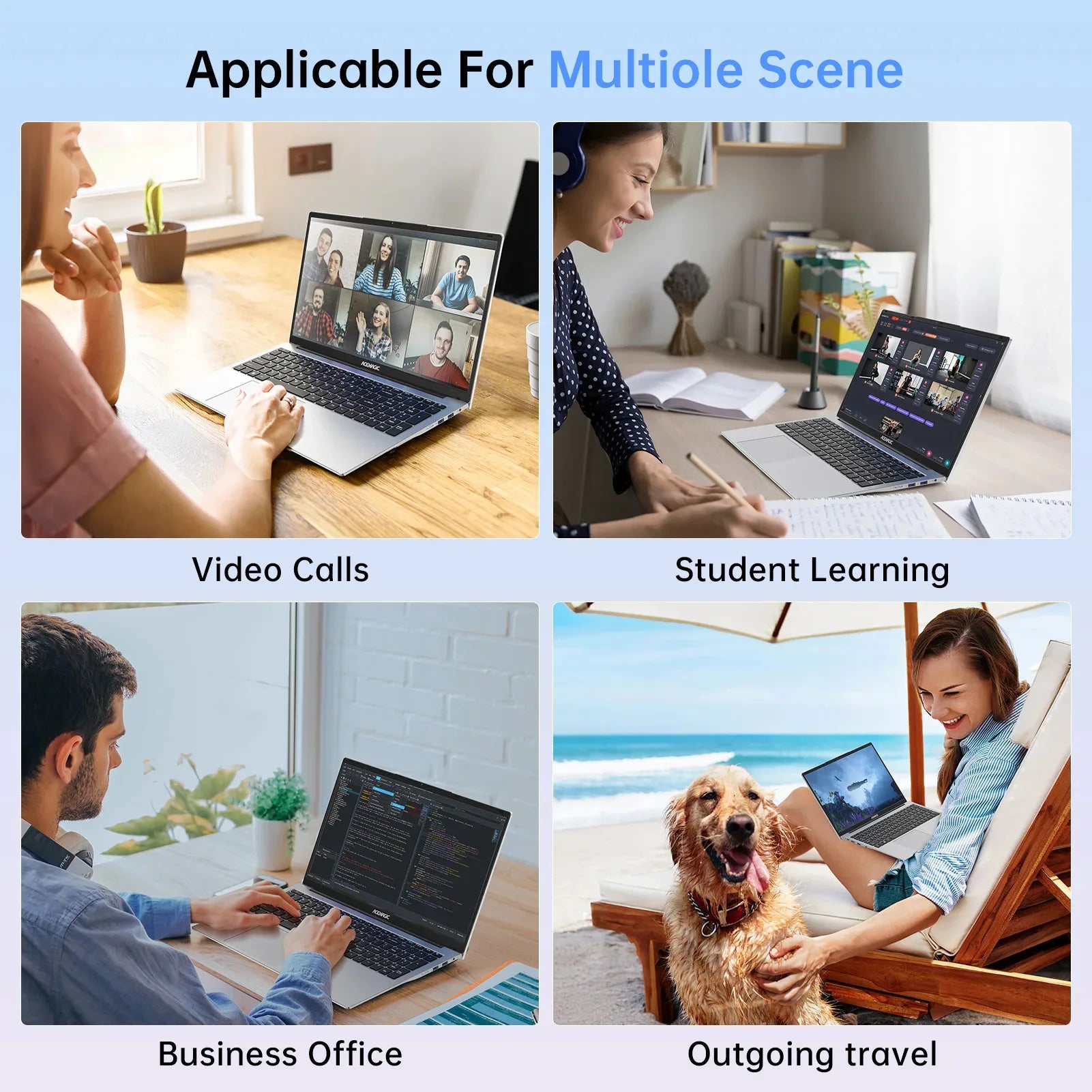 Silver 15.6-inch laptop shown in diverse settings, including home office, study, and travel. Sleek, modern design.