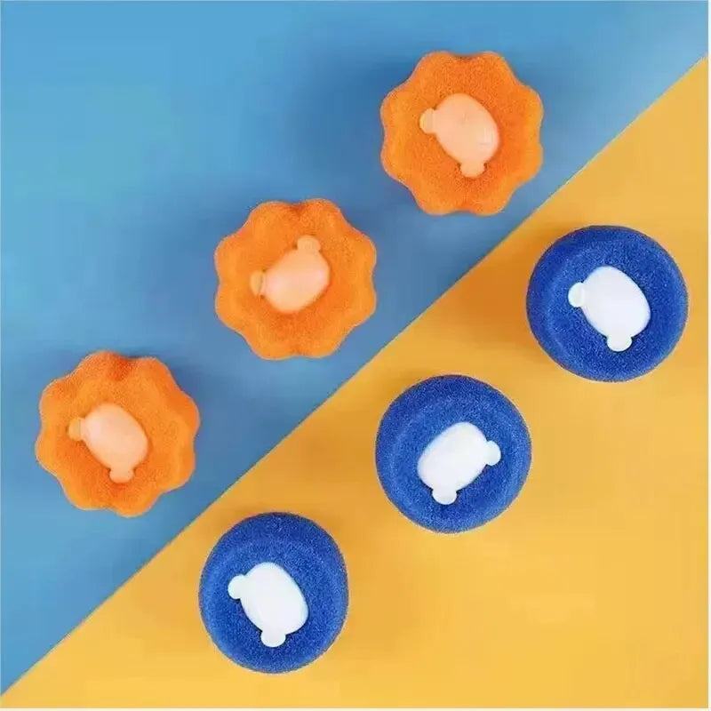 Three orange scalloped sponges with bear centres and three blue round sponges with bear centres on a split background.
