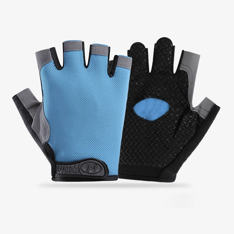 Fingerless blue and grey sports gloves with a textured black grip palm.
