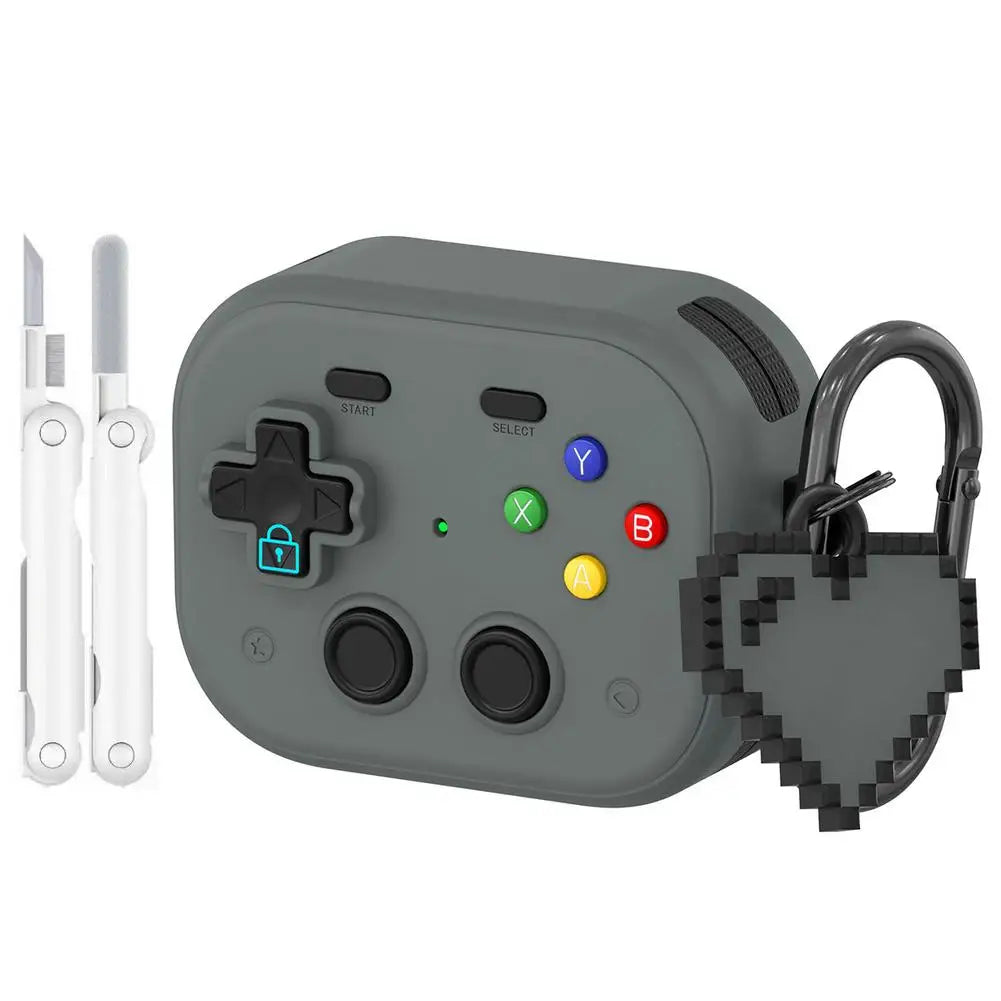 Grey silicone AirPods case shaped like a retro games controller with a pixel heart carabiner.