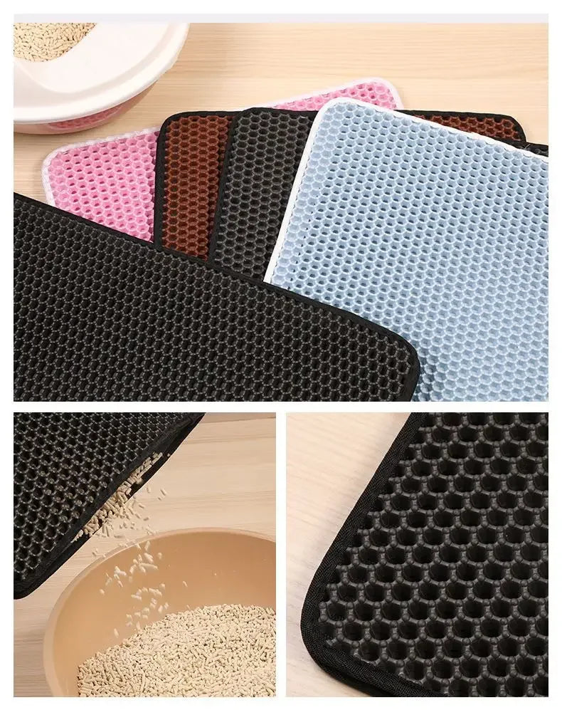 Assorted coloured, double-layer honeycomb cat litter mats with a non-slip design, shown being emptied into a tray.