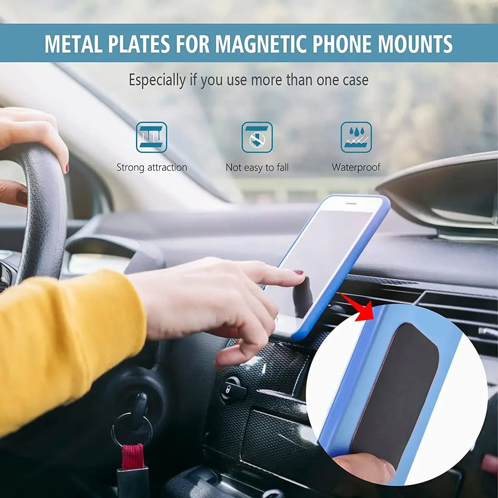 Rectangular black metal plate for magnetic phone mounts, shown attached to the back of a blue phone case in a car.