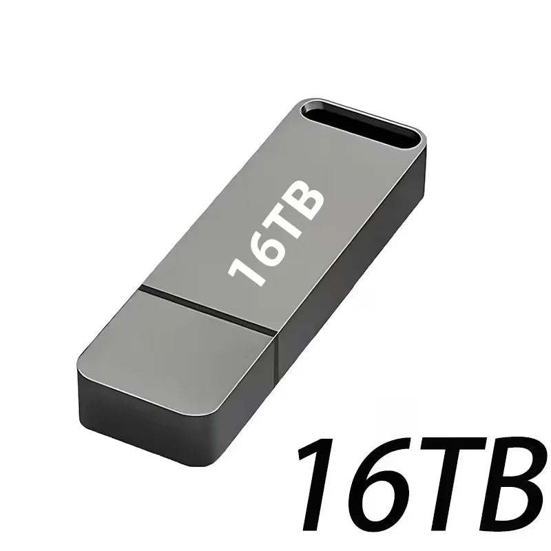 Sleek, grey metal 16TB USB flash drive with a keyring loop, shown from an angled perspective.