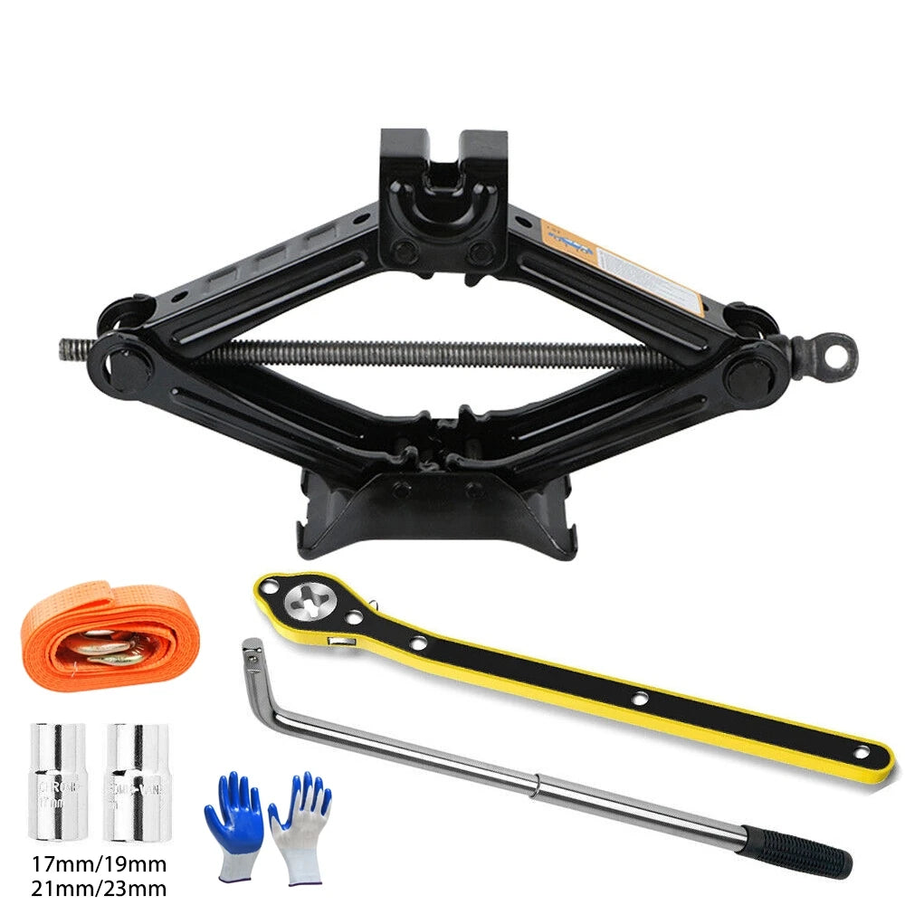 Black 2.5T car scissor jack with a central threaded rod, yellow-handled wrench, silver crank, sockets, and orange tow strap.