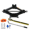 Black 2.5T car scissor jack with a central threaded rod, yellow-handled wrench, silver crank, sockets, and orange tow strap.